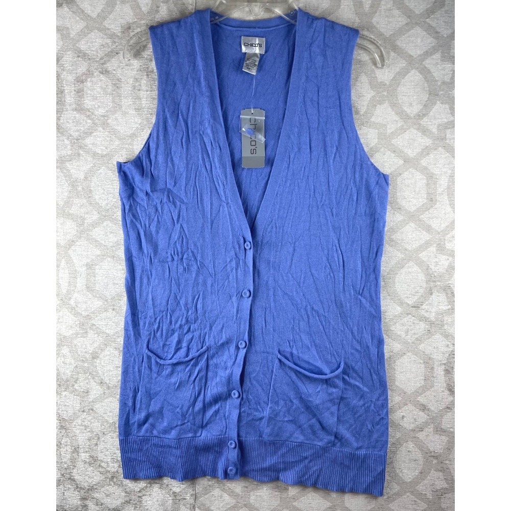Chico's Button Sweater Vest Women 1 M Blue With Pockets Cotton Rabbit Hair NEW